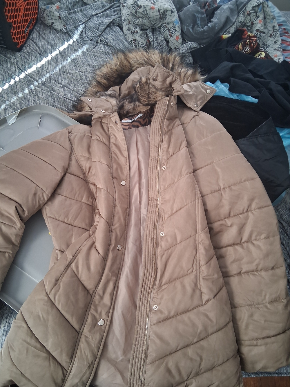 Nine West Taupe Quilted Faux-Fur Hooded Puffer Coat